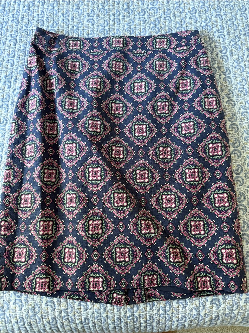 J. Crew Navy No. 2 Pencil Skirt with Pink and Green Medallion Print